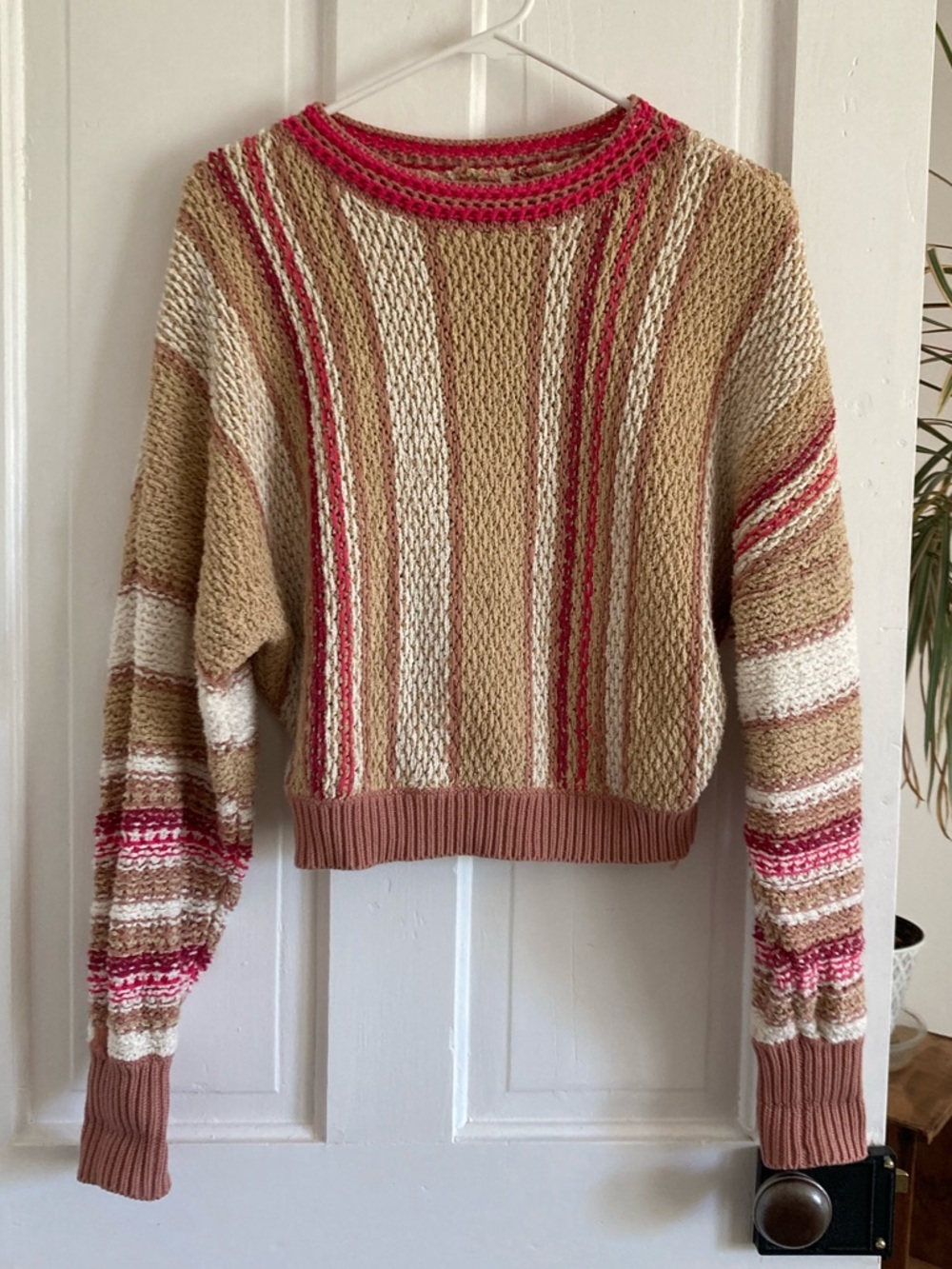 Free People Striped Knit Crewneck Sweater in Tan, Cream & Pink S
